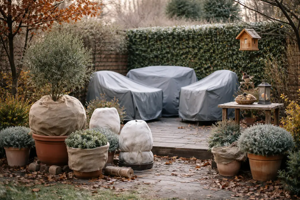 Tuinmeubels afgedekt en planten ingepakt voor winter