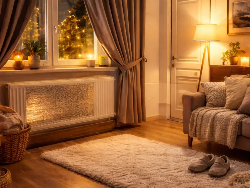Warme woonkamer met lamp en gordijnen