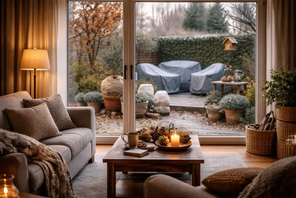 Woonkamer in winter met uitzicht op tuin