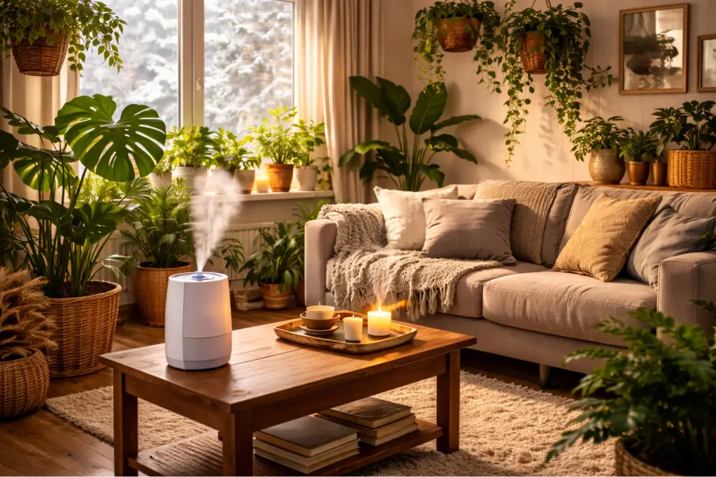 Planten en diffuser voor luchtvochtigheid in huis